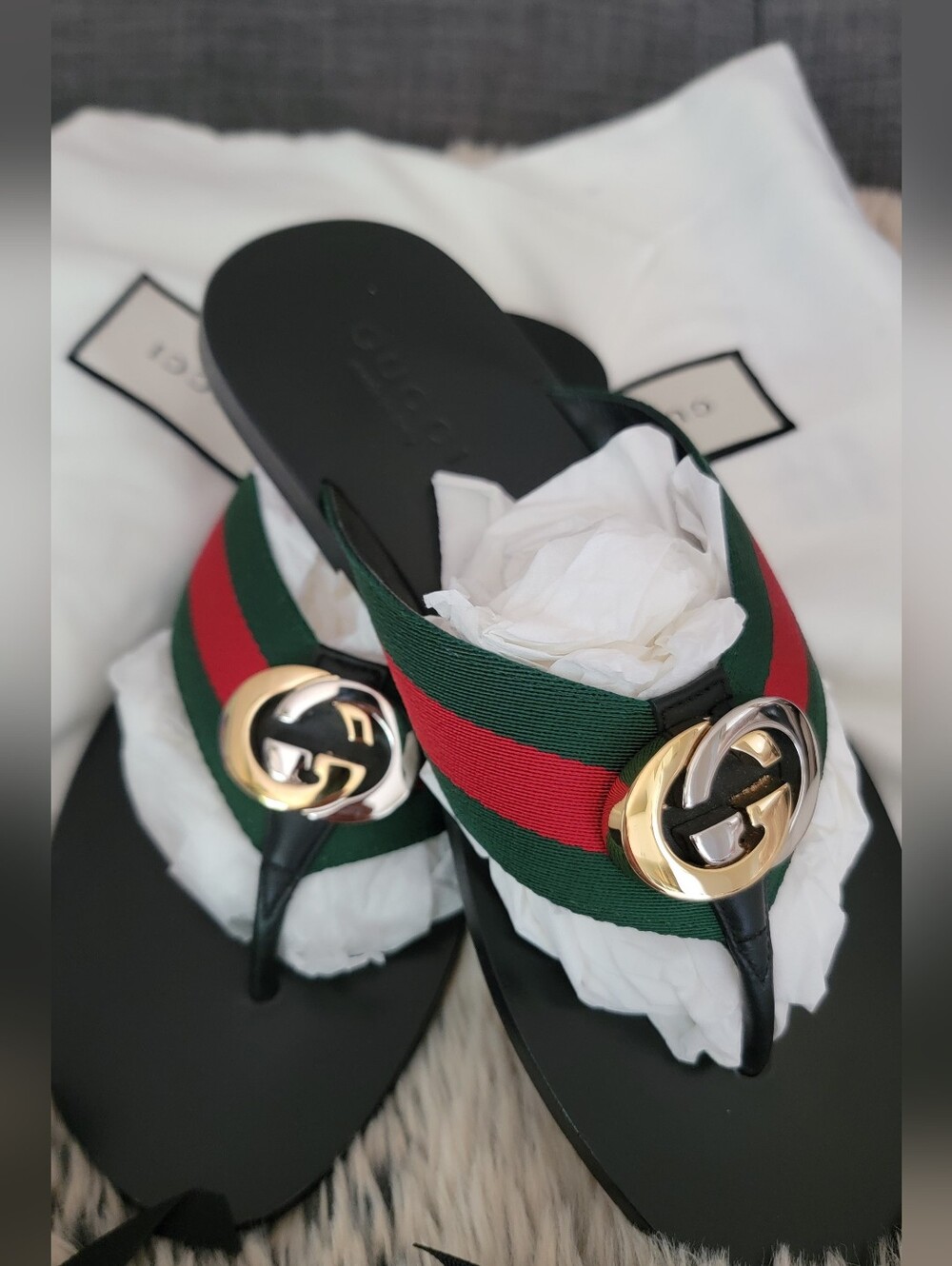 Gucci Black Sandals with Red and Green Straps